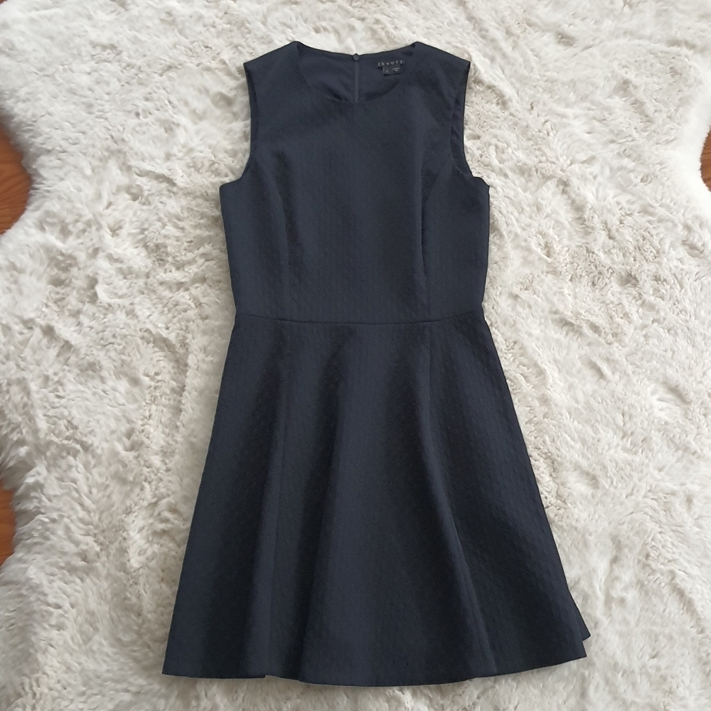 Theory Tillora Fit and Flare Dress Womens 2 Navy Blue Sleeveless Round Neckline